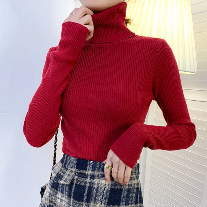 Oklulu Harajuku Pullover Turtleneck Sweater Women Fall Soft Knit Sweater Slim Elastic Korean Simple Basic Cheap Jumper Solid Tops