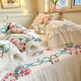 White Lace Flowers Printed Duvet Cover Set 100% Cotton Korean Style Princess Ruffles Bedding  Bed Skirt Bedspread Pillowcases