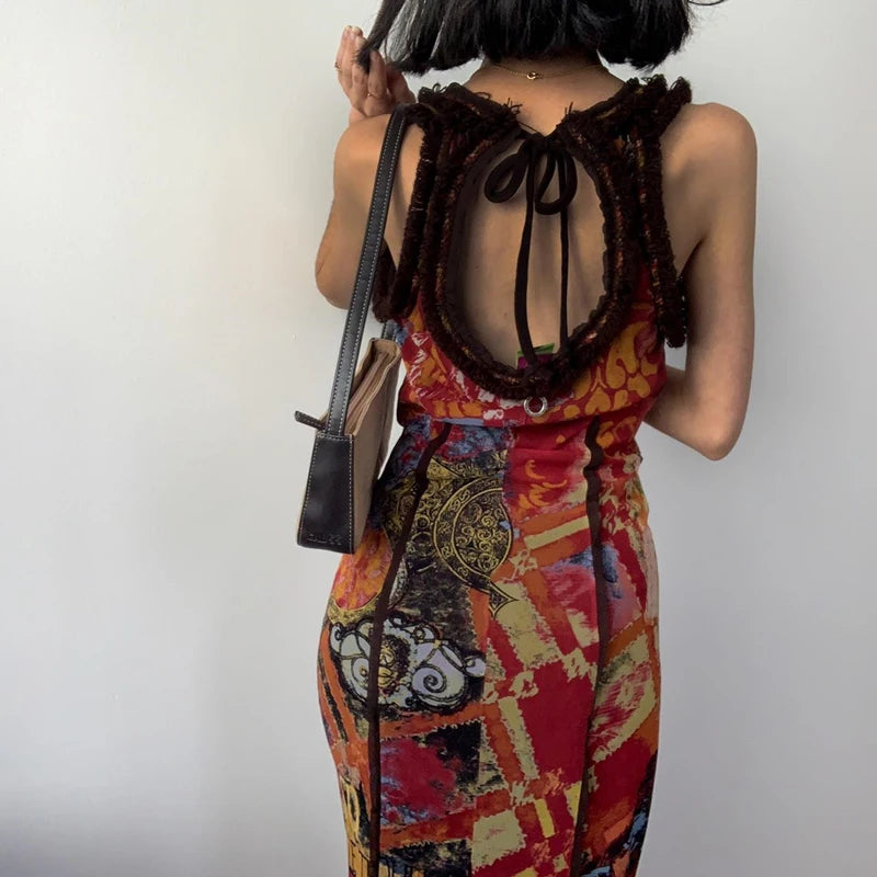 Oklulu  -   Vintage Oil Painting Print Dress Sexy Backless Hollow Out Sleeveless Maxi Dresses Aesthetic Party Clubwear Slim Vestidos