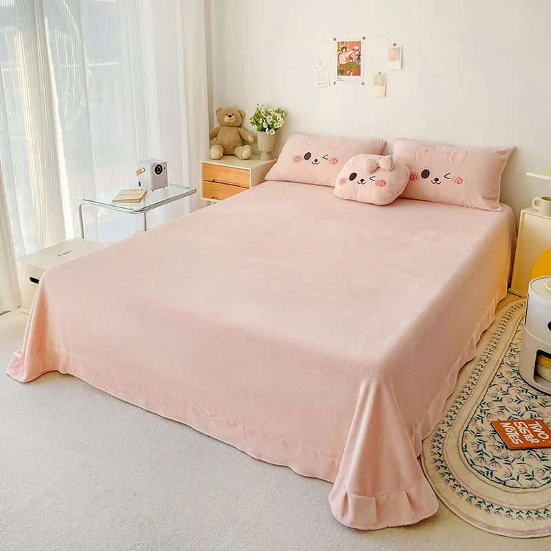 Pink Cute Cartoon Rabbit Applique Embroidery Bedding Set Velvet Fleece Duvet Cover Bed Sheet Fitted Sheet Bed Skirt Pillowcases