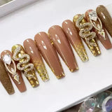 OKLULU  -  24Pcs Long Coffin False Nails with Glue Wearable Brown Fake Nails with   Rhinestones Ballet Press on Nails Full Cover Nail Tips