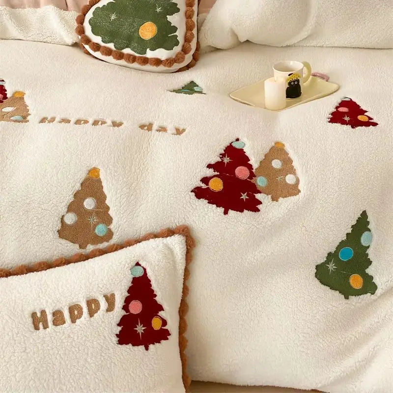 OKLULU  -  4Pcs Winter Berber Fleece and Milk Velvet Christmas Tree Embroidery Bedding Set Duvet Cover Bed Sheet Pillowcases Christmas Gift