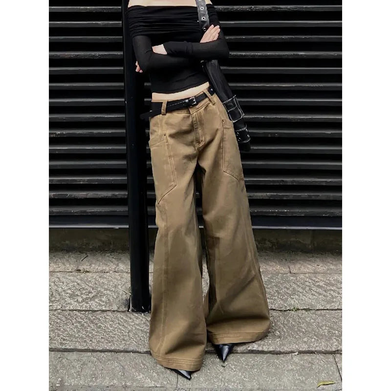 OKLULU  -  Women's Brown Y2k Low Rise Jeans Harajuku Denim Trousers Streetwear Y2k Baggy Jean Pants Vintage 90s Aesthetic 2000s Clothes