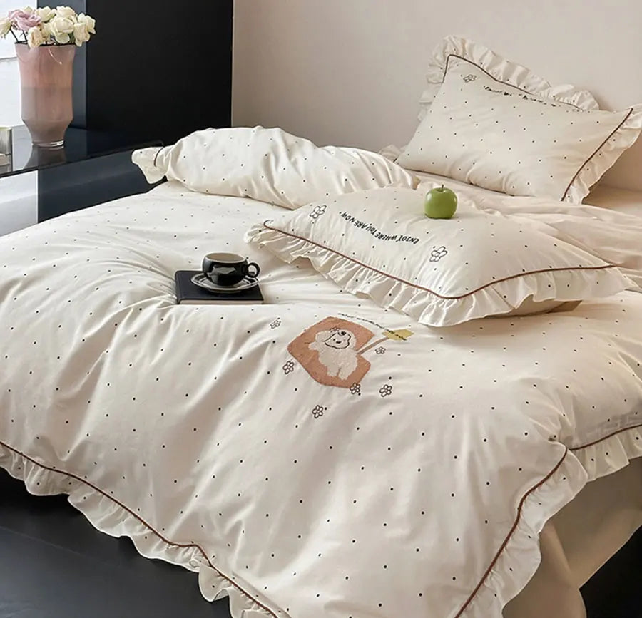 OKLULU  -  Fashion cute embroidery dog polka dot bedding set,full queen king ruffle cotton home textile bed sheet pillow case duvet cover