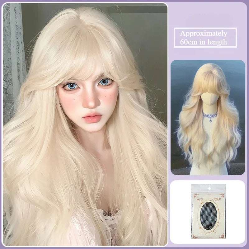 OKLULU  -  White gold color Synthetic Wigs Long Wavy Natural Hair for Women Natural Wave Cosplay Party Daily Use Lolita Wig Heat Resistant