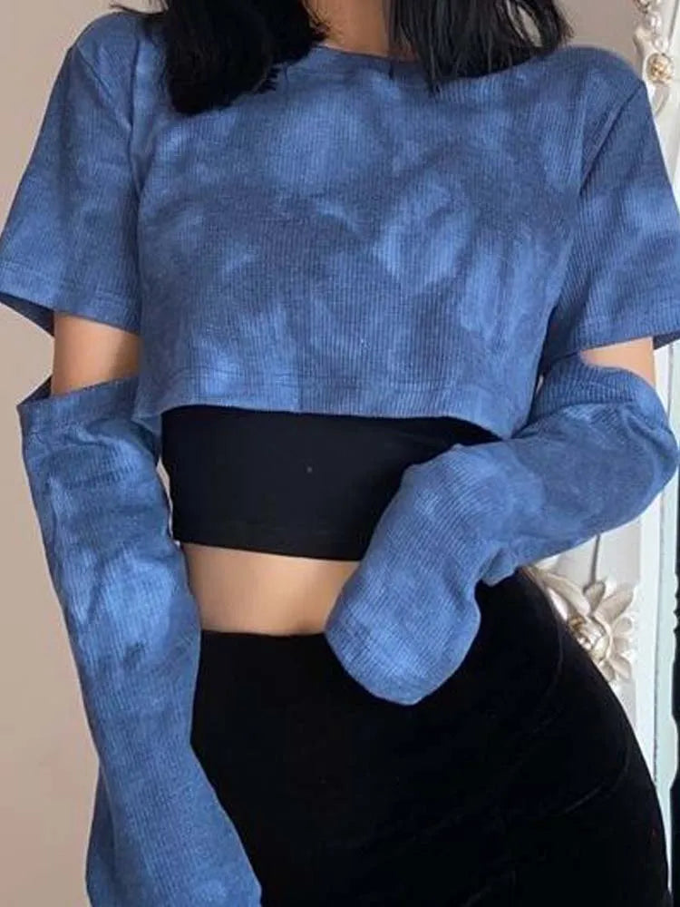 Tie Dye T-shirts Women Blue Removable Sleeve Trendy Korean Style Chic Club Streetwear Popular Female Crop Top Ins Sexy Slim Tee