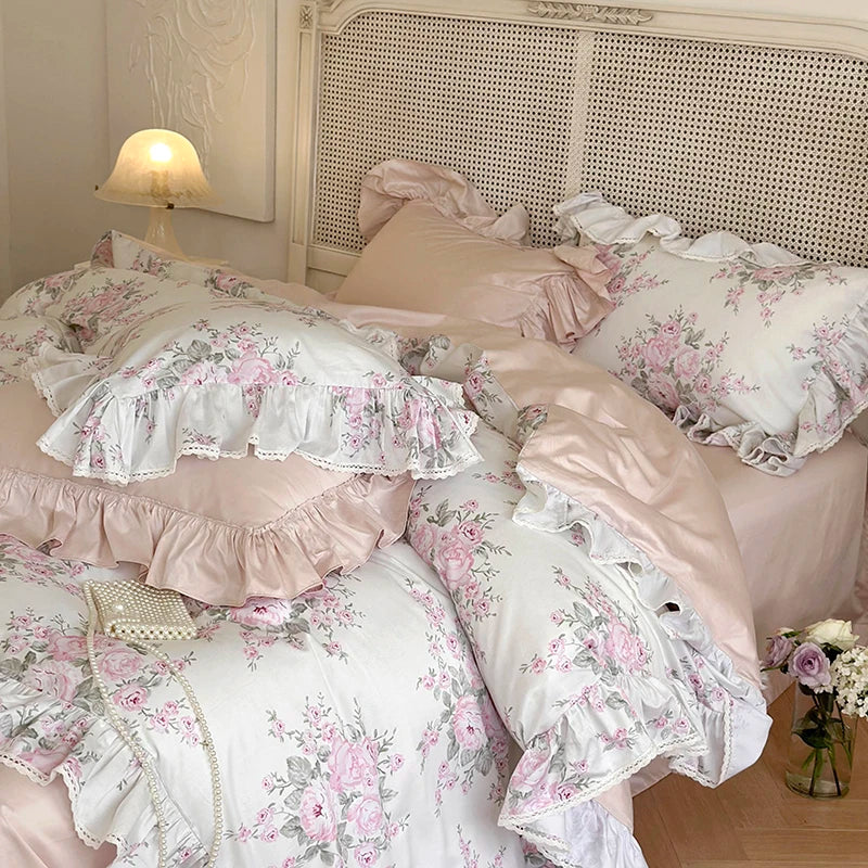 Luxury Vintage French Rose Flowers Print Lace Ruffles Bedding Set 1000TC Egyptian Cotton Duvet Cover Set Bed Sheet Pillowcases