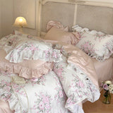 Luxury Vintage French Rose Flowers Print Lace Ruffles Bedding Set 1000TC Egyptian Cotton Duvet Cover Set Bed Sheet Pillowcases