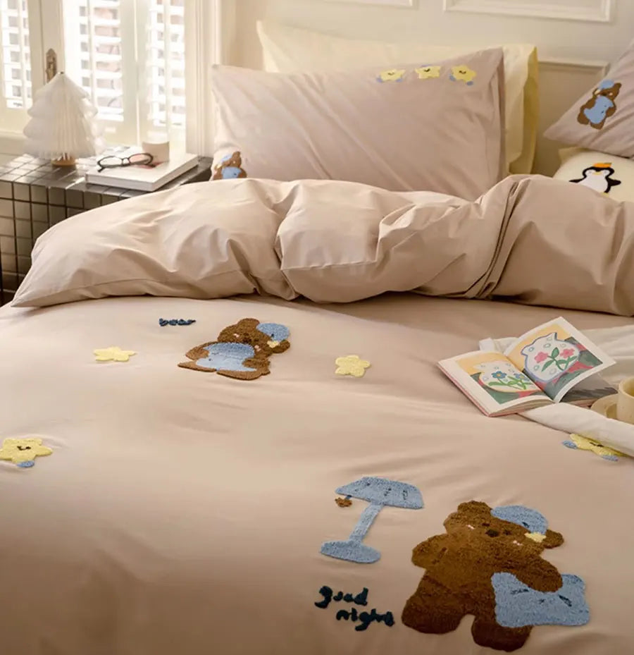 OKLULU  -   Cute Cartoon Bear Bedding Set 1.2 1.5 1.8 2.0 Kid,twin Full Queen King Cotton Home Textile Bed Sheet Pillow Case Quilt Cover