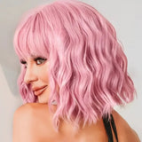 OKLULU  -  Short Pink Curly Wavy Synthetic Natural Hair wigs for Women Bob Straight Wig with Bangs High Temperature Daily Cosplay Party Wig