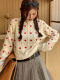 Oklulu Women Fashion Heart Love Embroidery Knitted Pullover Sweater Vintage Long Sleeves O-Neck Female Chic Lady Tops