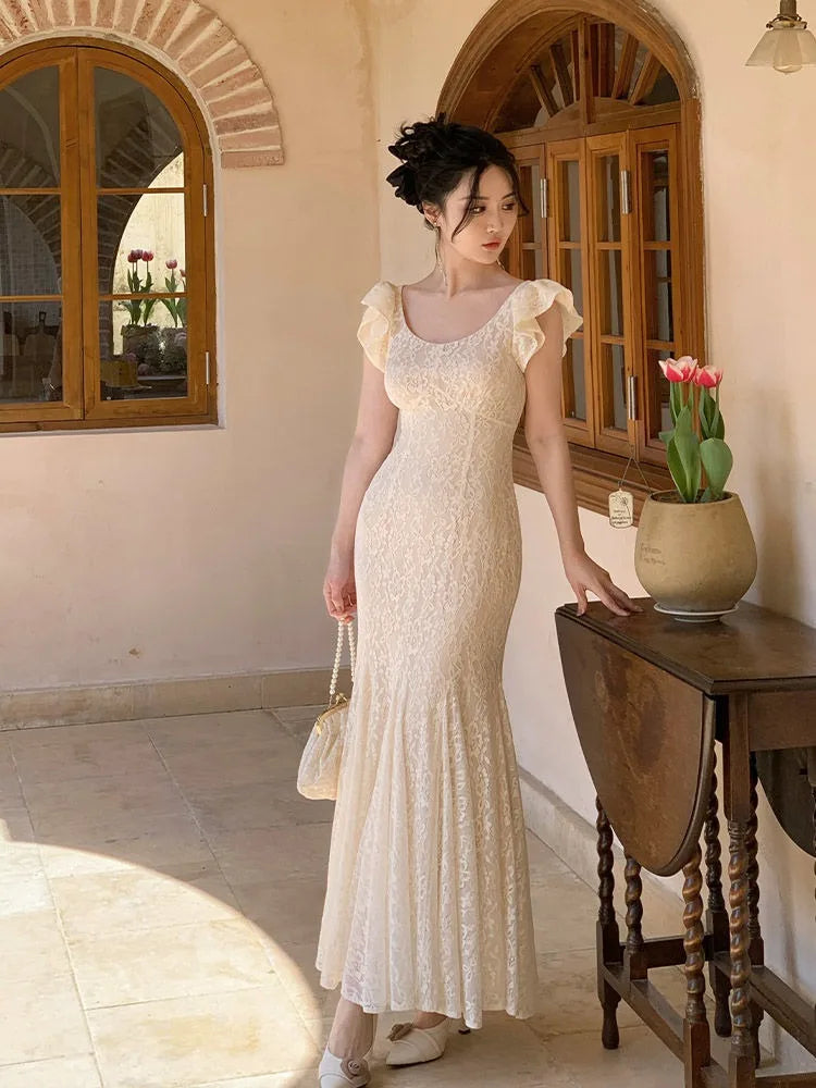 OKLULU  -  Summer Fashion Beautiful Palace Style Dress For Women New Heavy Industry Lace Waist White Texture Fishtail Long Evening Dresses.