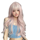 OKLULU  -  Shimmer Long Wave Pink Wig with Bangs Nature wavy Lolita Synthetic Wigs for Women Cosplay