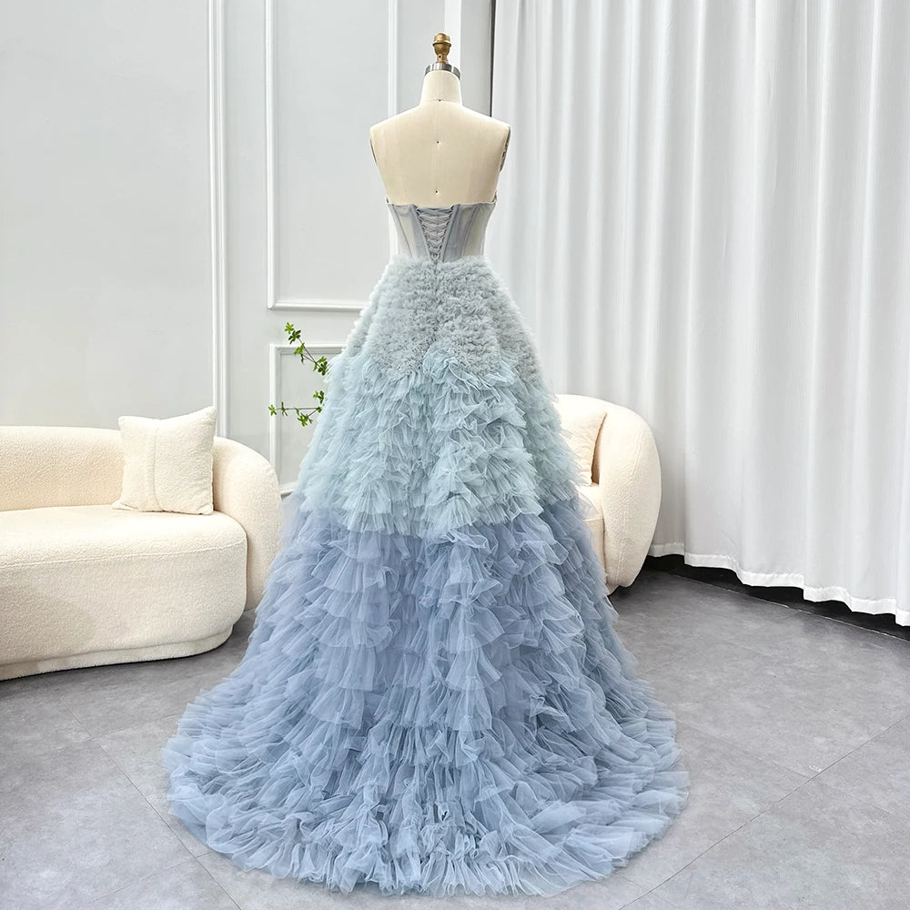 Chic Blue Ombre Tiered Ruffles Evening Dresses Luxury Dubai Ball Gown Prom Dress for Women Wedding Party