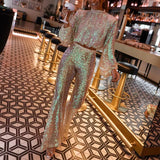 Women Flare Pants 2 Piece Suit Sexy Fashion Sequin Club Party Set Elegant Lantern Sleeve Tops Pullover + High Waist Pant Outfits
