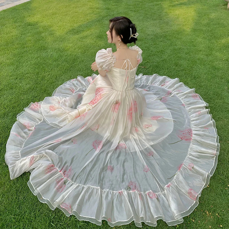 Vintage French Elegant Floral Ruffles Party Dresses Women Fashion Puff Sleeve Birthday A Line Princess Long Dress Sweet Vestidos