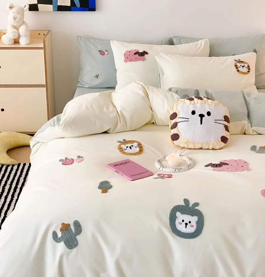 OKLULU  -  Cute cartoon embroidery pink green bedding set teen double,full queen king cotton home textile bed sheet pillow case quilt cover