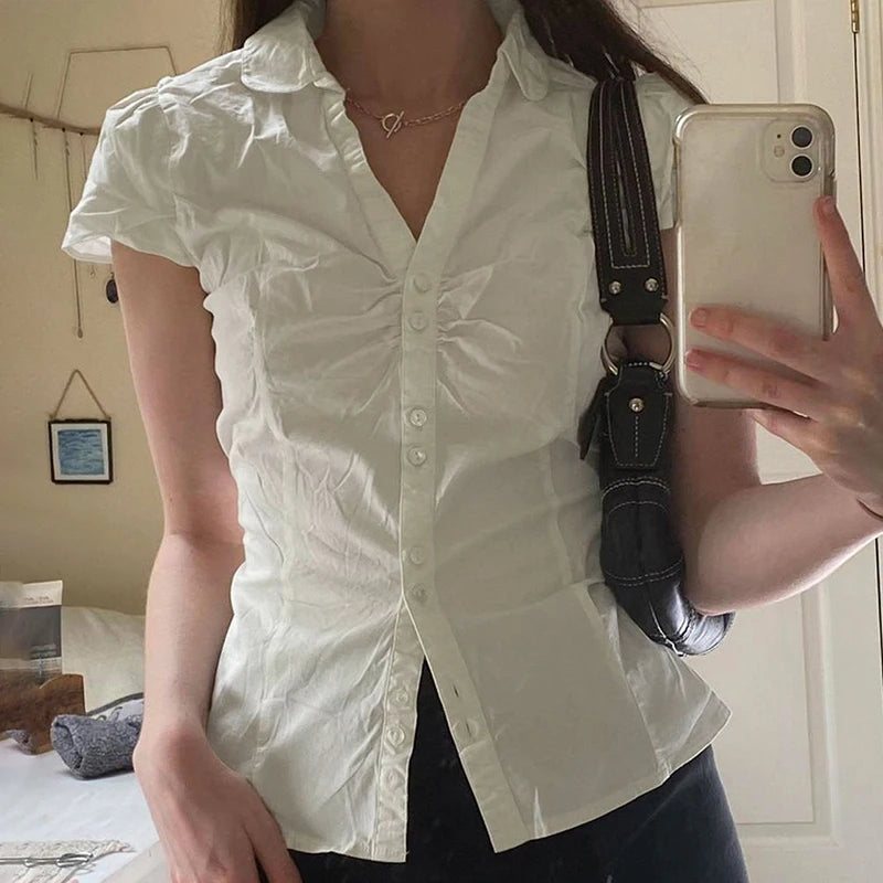 Oklulu  Vntage Folds Crop Top White Button Up Short Sleeve Blouse Women Chic Bandage Korean Fashion T-shirt Casual Streetwear y2k