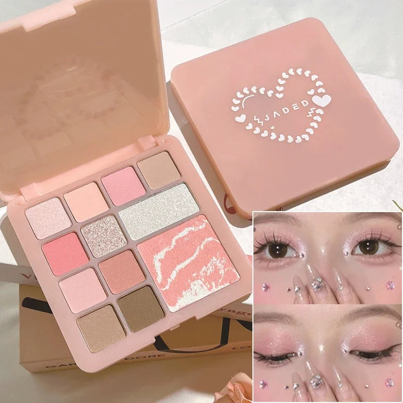 OKLULU  -  12-Color Eyeshadow Palette Pearly Matte Glitter Eye Shadow Shiny Shimmer Rose Pink Blush Eye Pigment Waterproof Korean Cosmetics