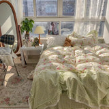 OKLULU  -  100%Cotton Bedding Set Retro Flora Small Check Bed Sheet Duvet Cover Pillow Case Queen/Twin Bed