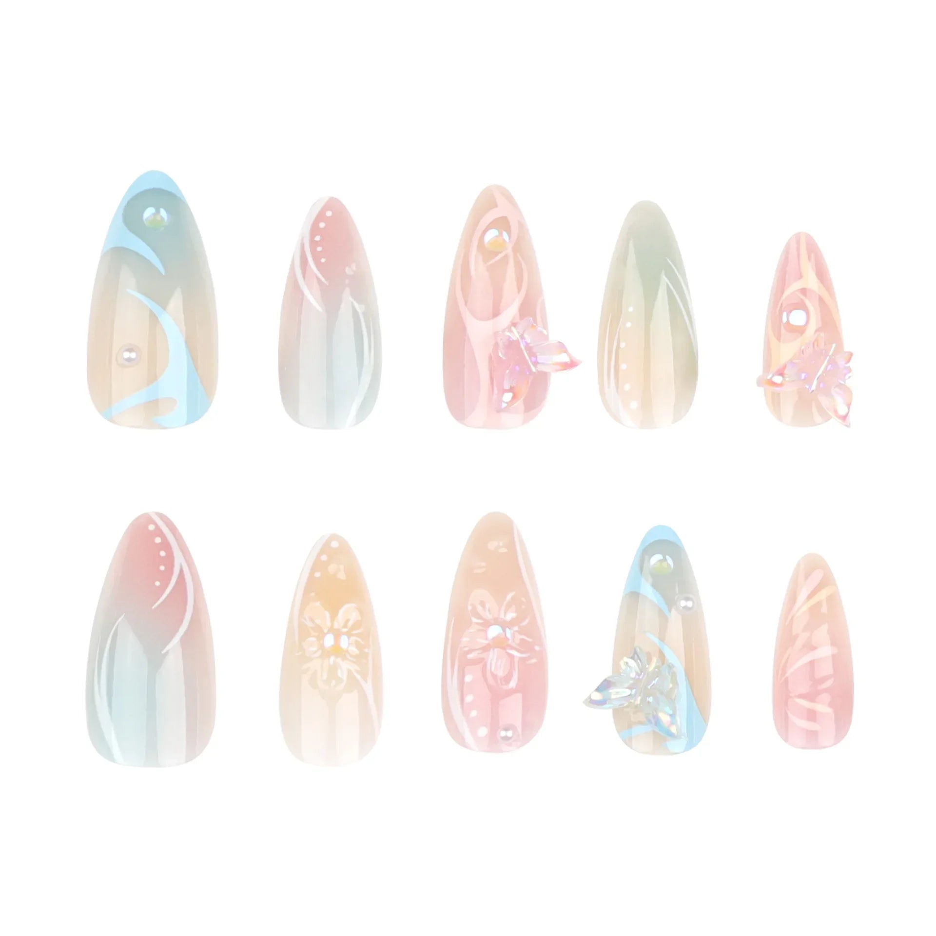 OKLULU  -  24pcs Summer Fake Nails Press on Almond Wearable 3D Butterfly Flower Short Almond False Nails Smudging Bubble Bead False Nails