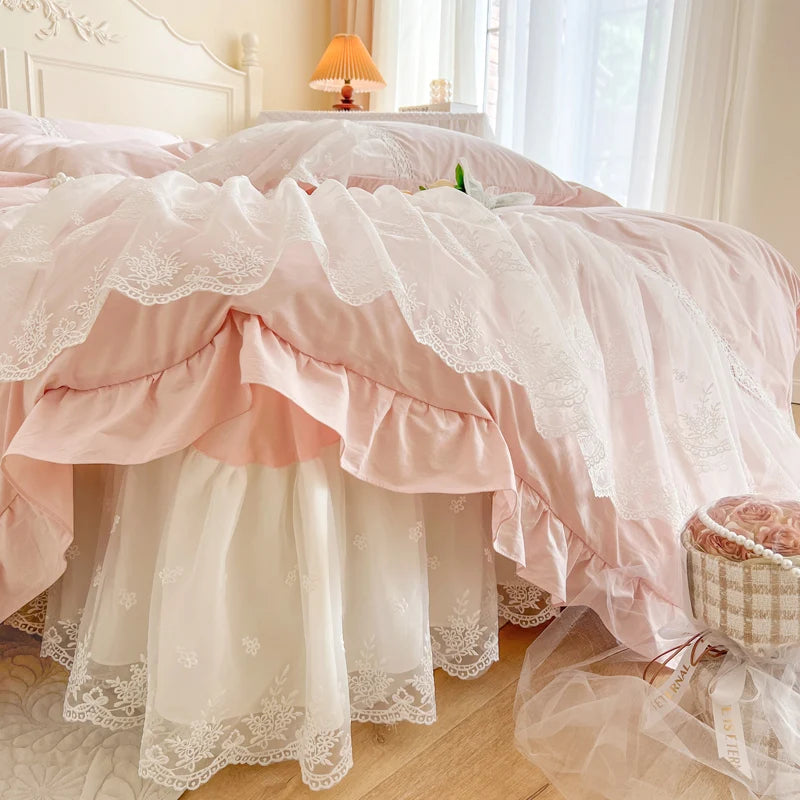 100% Cotton Romantic French Princess Wedding Bedding Set Lace Ruffles Duvet Cover Lace Bed Sheet Bed Skirt Bedspread Pillowcases