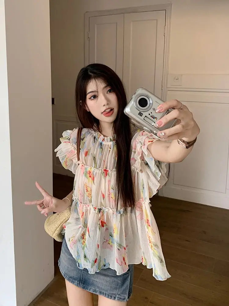 OKLULU  -  Elegant Floral Print Chiffon Beautiful Blouse Women Flying Sleeve Shirt Spring Summer Fairycore Pleated Tops Aesthetic