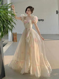 Vintage French Elegant Floral Ruffles Party Dresses Women Fashion Puff Sleeve Birthday A Line Princess Long Dress Sweet Vestidos