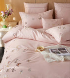 OKLULU  -  Romantic embroidery butterfly flower pink blue bedding set,full queen king cotton home textile bed sheet pillow case duvet cover