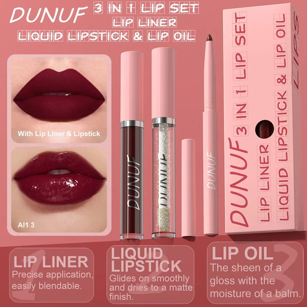 OKLULU  -  3Pc Velvet Matte Lipstick Pen Nude Brown Lip Liner Pencil Kit Rose Red Matte Lipliner+Lip Gloss+Lip Oil Set Waterproof Lips Tint