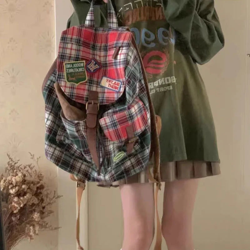 OKLULU  -  Vintage Women Backpacks Large Capacity Aesthetic Plaid Punk Mochilas Para Mujer Casual Students Daily Commute Bag Female