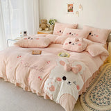 Pink Cute Cartoon Rabbit Applique Embroidery Bedding Set Velvet Fleece Duvet Cover Bed Sheet Fitted Sheet Bed Skirt Pillowcases