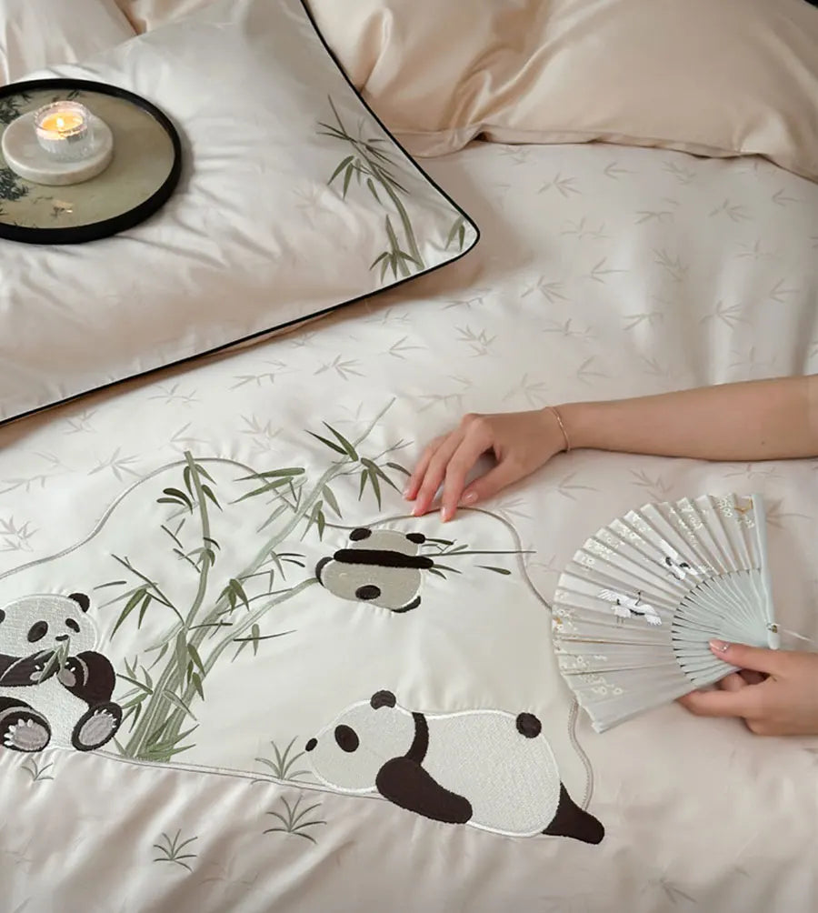 OKLULU  -  Fashion embroidery bamboo panda bedding set,full queen king chinoiserie cotton home textile bed sheet pillow case duvet cover