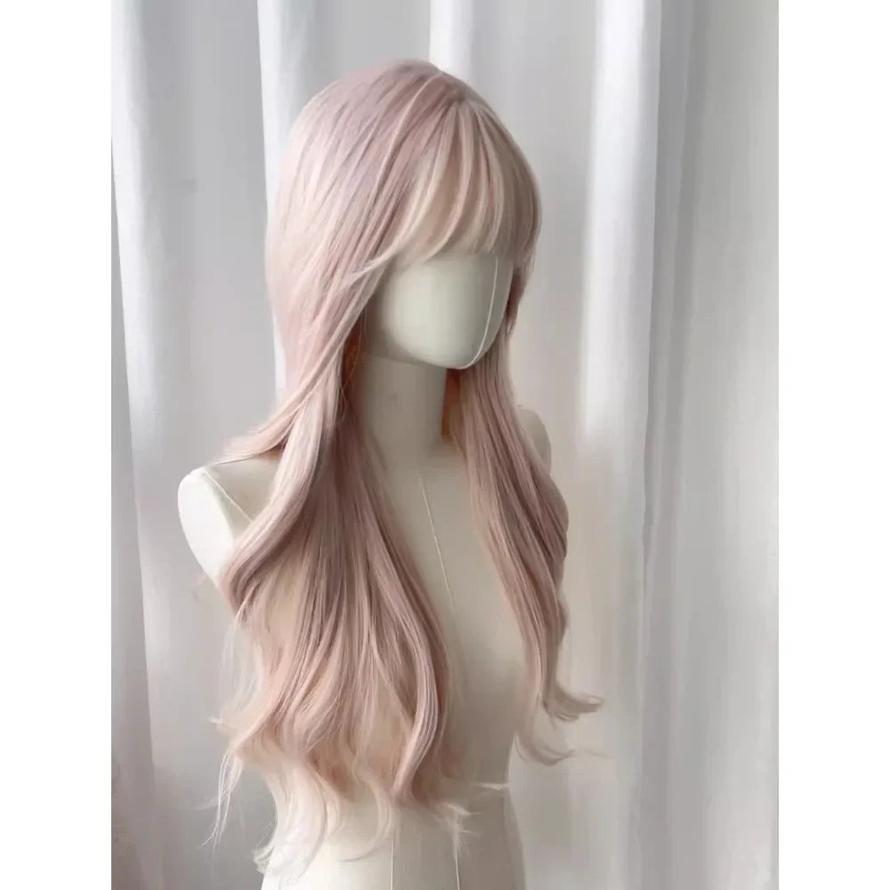 OKLULU  -  Baby Pink Wig with Bangs Long Wavy Hair Lolita Wig for Women 24inch Natural Daily Use Cosplay Wave Headband Wigs