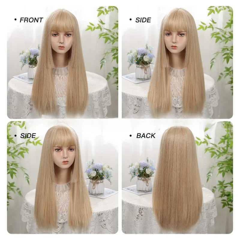 OKLULU  -  wigs Gold Long Straight Synthetic Heat Resistant Blonde Wig with Bangs for Women daily use Wigs for Cosplay Party Halloween