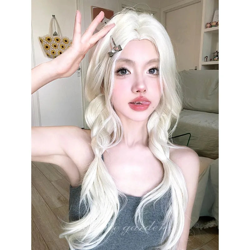 OKLULU  -  Water Wavy Synthetic long blonde wig Cosplay Party Lolita Hair wigs for Women Middle Part Natural Heat Resistant Wig