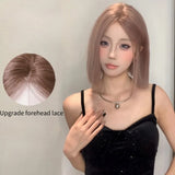 OKLULU  -  Pink Short Bob Straight Synthetic wigs for Cosplay Lolita Fake Hair for White Women Party Natural Wig High Temperature