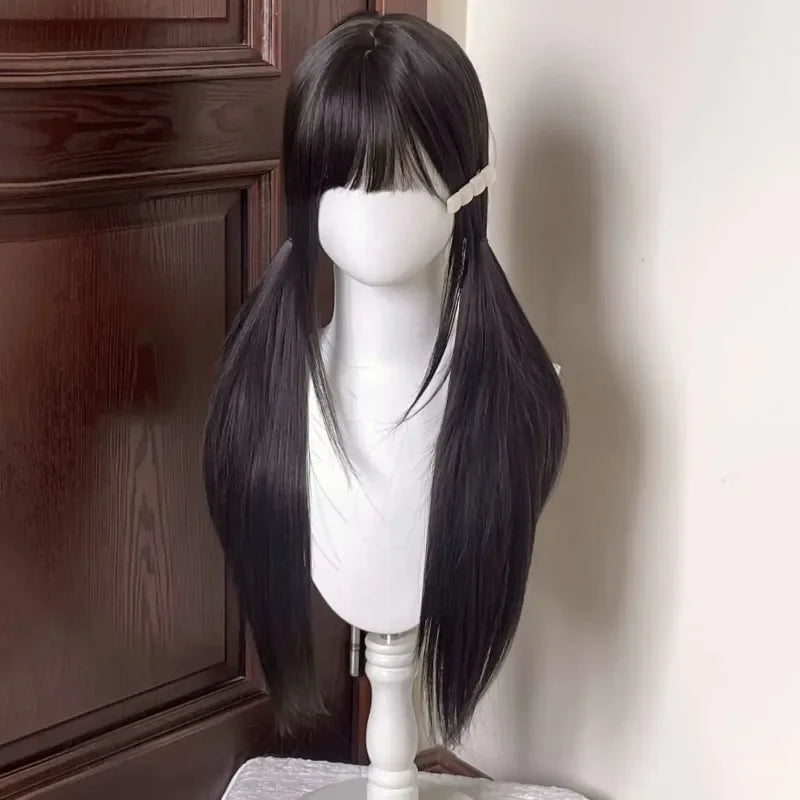 OKLULU  -  Long Straight Synthetic wigs Black Daily Use Wigs with Bangs for Women Heat Resistant Fibre Cosplay Lolita Party Natural Hair