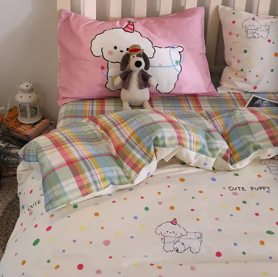 OKLULU  -  Cute cartoon dog polka dot colorful bedding set 1.2 1.5 1.8,twin full queen cotton home textile bed sheet pillowcase duvet cover