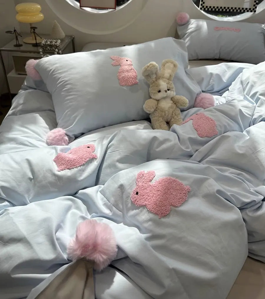 OKLULU  -  Cute towel embroidery rabbit blue pink bedding set,full queen king sand cotton home textile bed sheet pillow case quilt cover