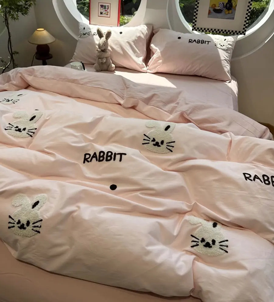 OKLULU  -   Cute Cartoon Embroidery Rabbit Bedding Set Teen,twin Full Queen King Bunny Cotton Home Textile Bed Sheet Pillow Case Quilt Cover