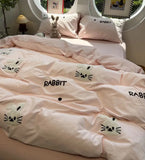 OKLULU  -   Cute Cartoon Embroidery Rabbit Bedding Set Teen,twin Full Queen King Bunny Cotton Home Textile Bed Sheet Pillow Case Quilt Cover