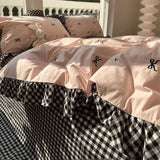 OKLULU  -  Sweet Cool Bow Plaid Bedding Set Teen,full Queen King Cute Pink Double Cotton Home Textile Bed Sheet Pillow Case Quilt Cover