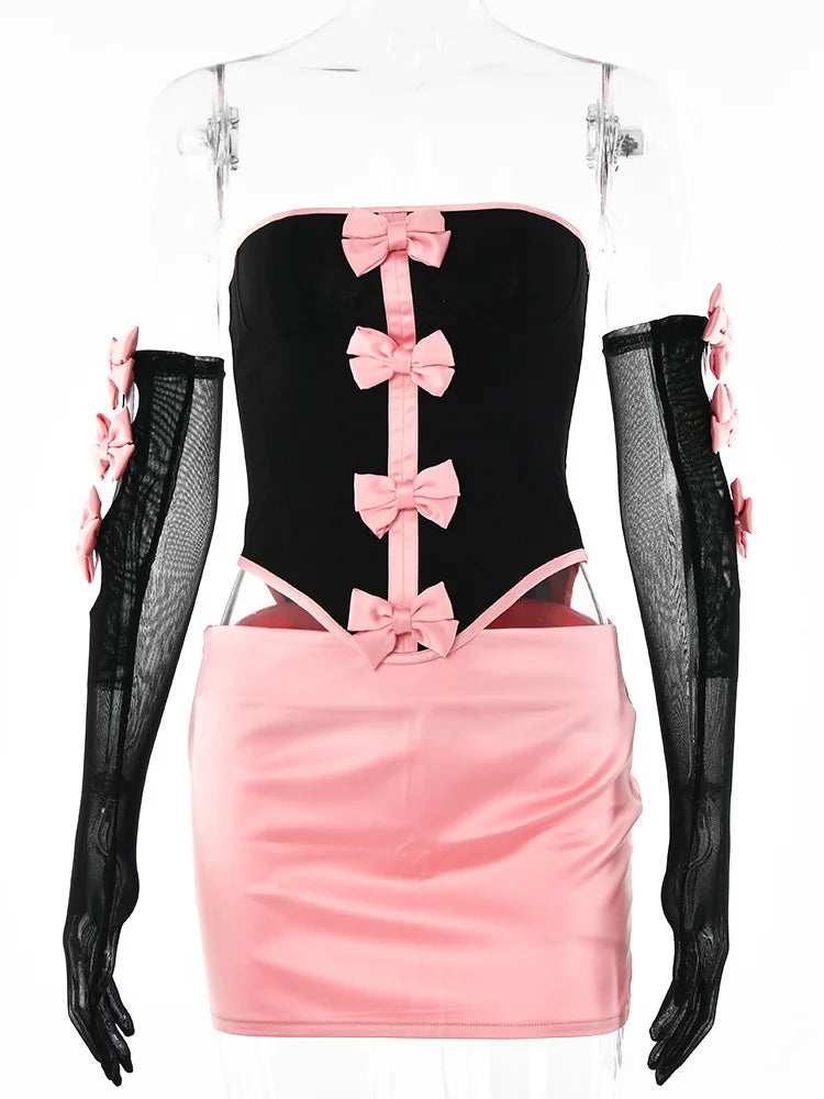 Sexy Strapless Bows Trim Women Two Piece Sets Black Gloves Tops Pink Skirts Female Summer Skinny Fashion Party Clubwear