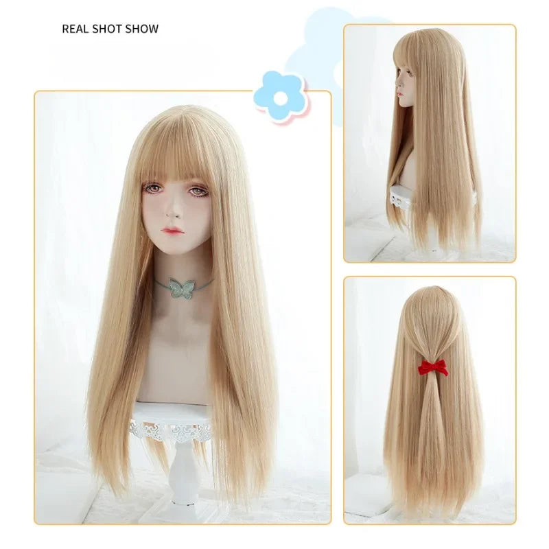 OKLULU  -  Long Silky Straight Synthetic wig with bangs White gold color Cosplay Party Lolita Wigs for Women Natural Heat Resistant Wig