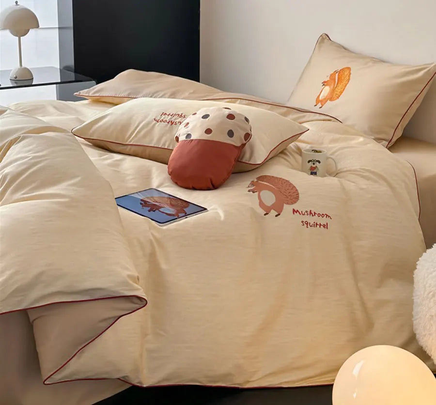 OKLULU  -  Cute embroidery squirrel bedding set double,full queen king lovely 100s cotton home textile bed sheet pillow case duvet cover