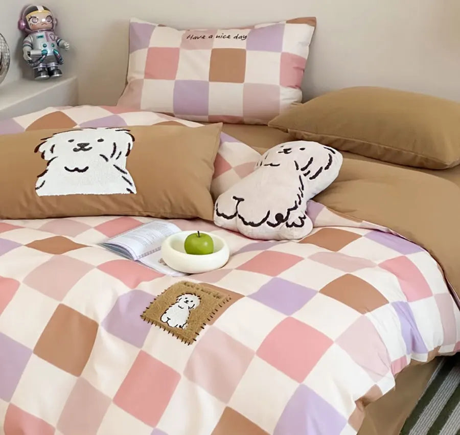 OKLULU  -  Fashion cute embroidery dog plaid bedding set kid,full queen king lovely cotton home textile bed sheet pillow case duvet cover