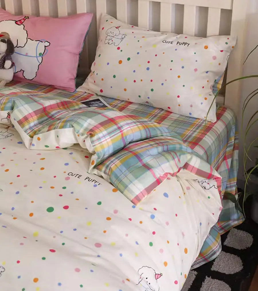 OKLULU  -  Cute cartoon dog polka dot colorful bedding set 1.2 1.5 1.8,twin full queen cotton home textile bed sheet pillowcase duvet cover