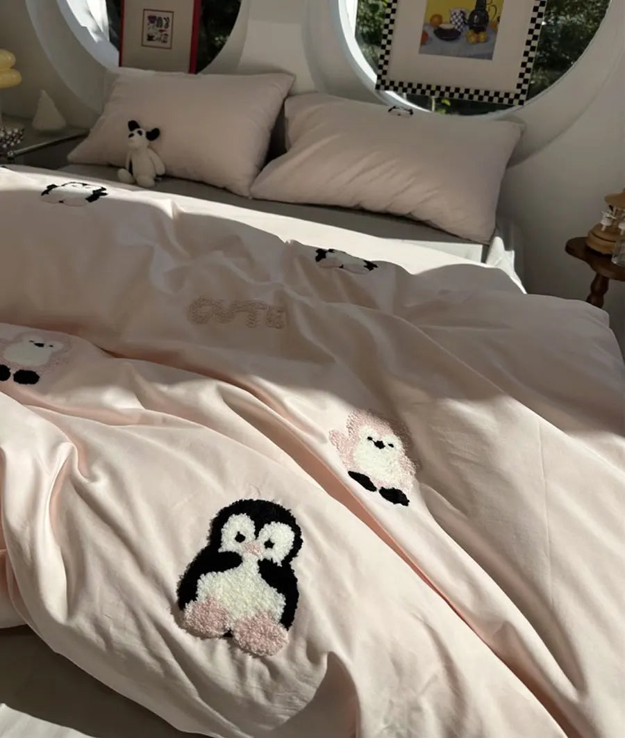 OKLULU  -  Fashion towel embroidery penguin bedding set,full queen king kawaii sand cotton home textile bed sheet pillow case quilt cover