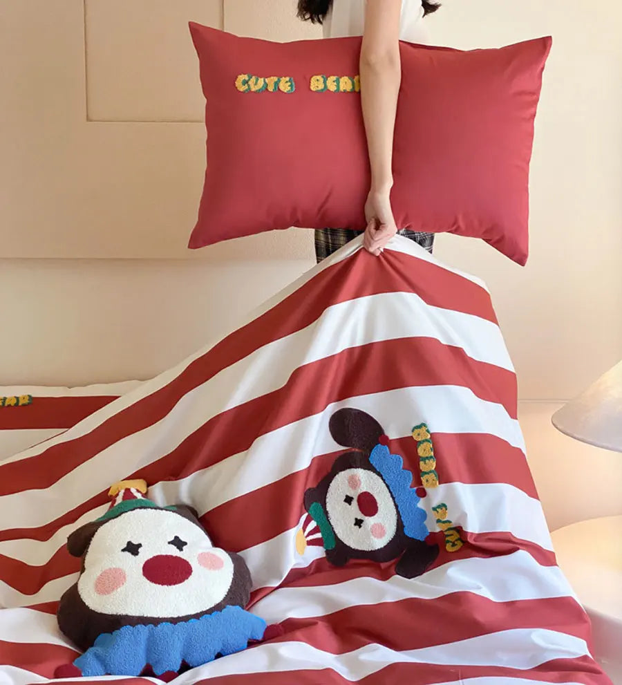 OKLULU  -  Cute circus clown bear red stripes bedding set teen,full queen king lovely cotton home textile bed sheet pillow case duvet cover